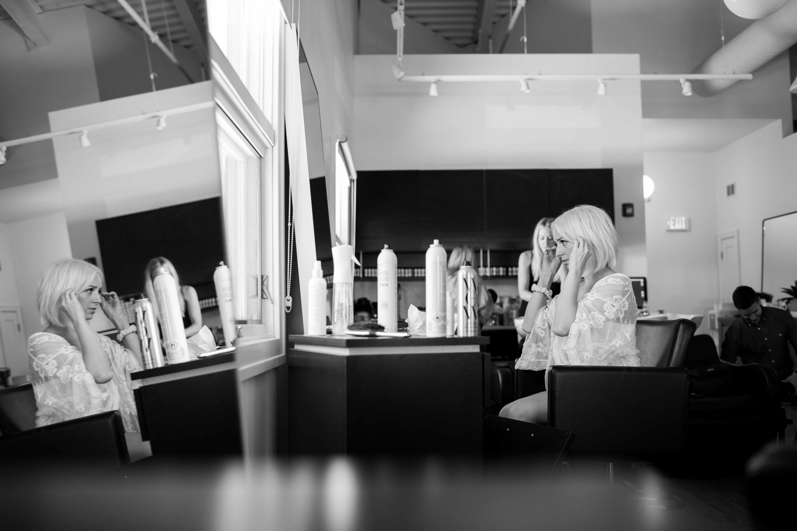 Black and White Getting Ready Photos at Elle Salon in Elgin, Illinois