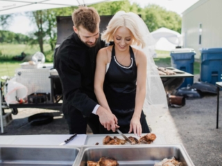 Pit Master Groom and Bride Wedding Reception Photography