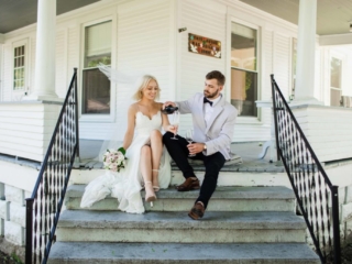 Wedding Photographer in Geneva, Illinois bride and groom on porch