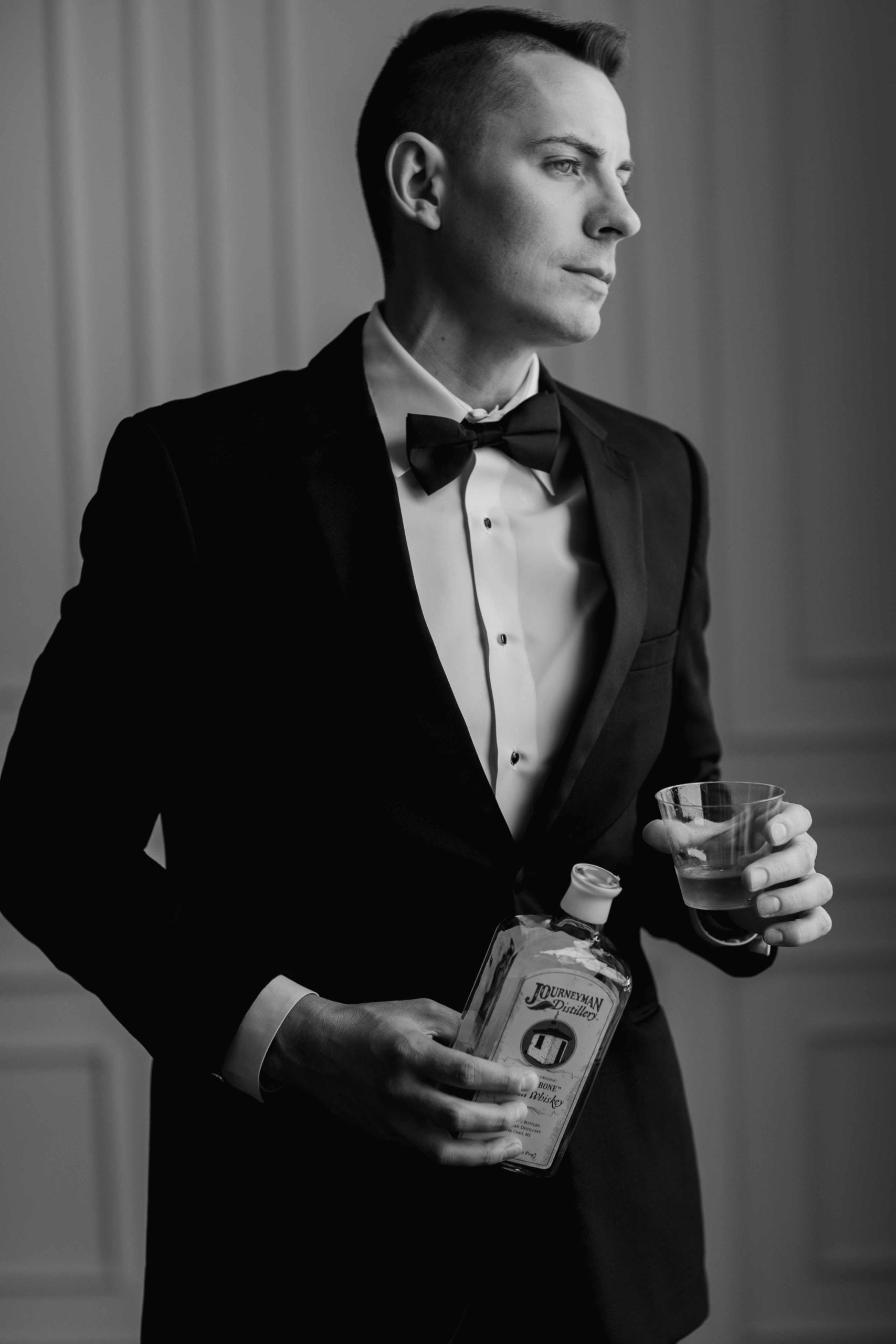 Company 251 Geneva Wedding Photographer Groom with Whiskey in black and white