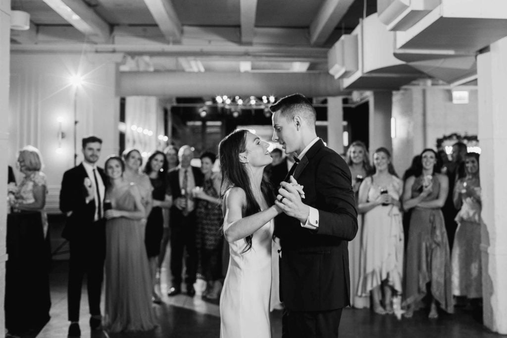 Company 251 Geneva Wedding Photographer bride and groom first dance in black and white