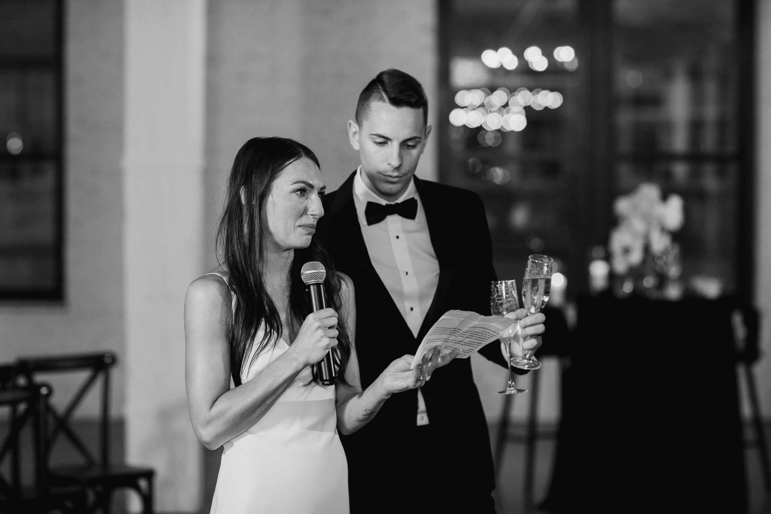 Company 251 Geneva Wedding Photographer bride giving toast in black and white