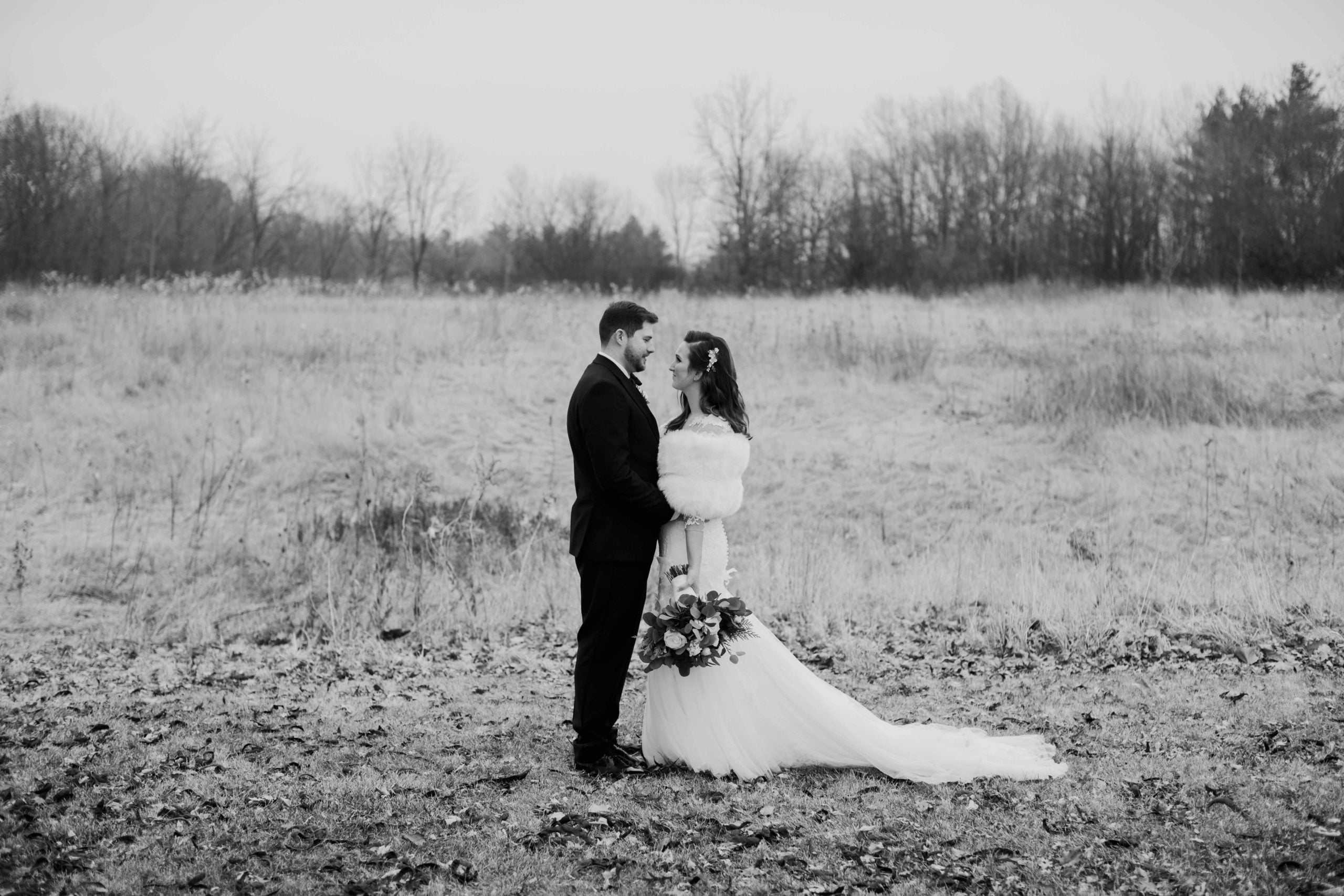 Hotel Baker Winter Wedding Photography Saint Charles Illinois Black and White Moody Couple