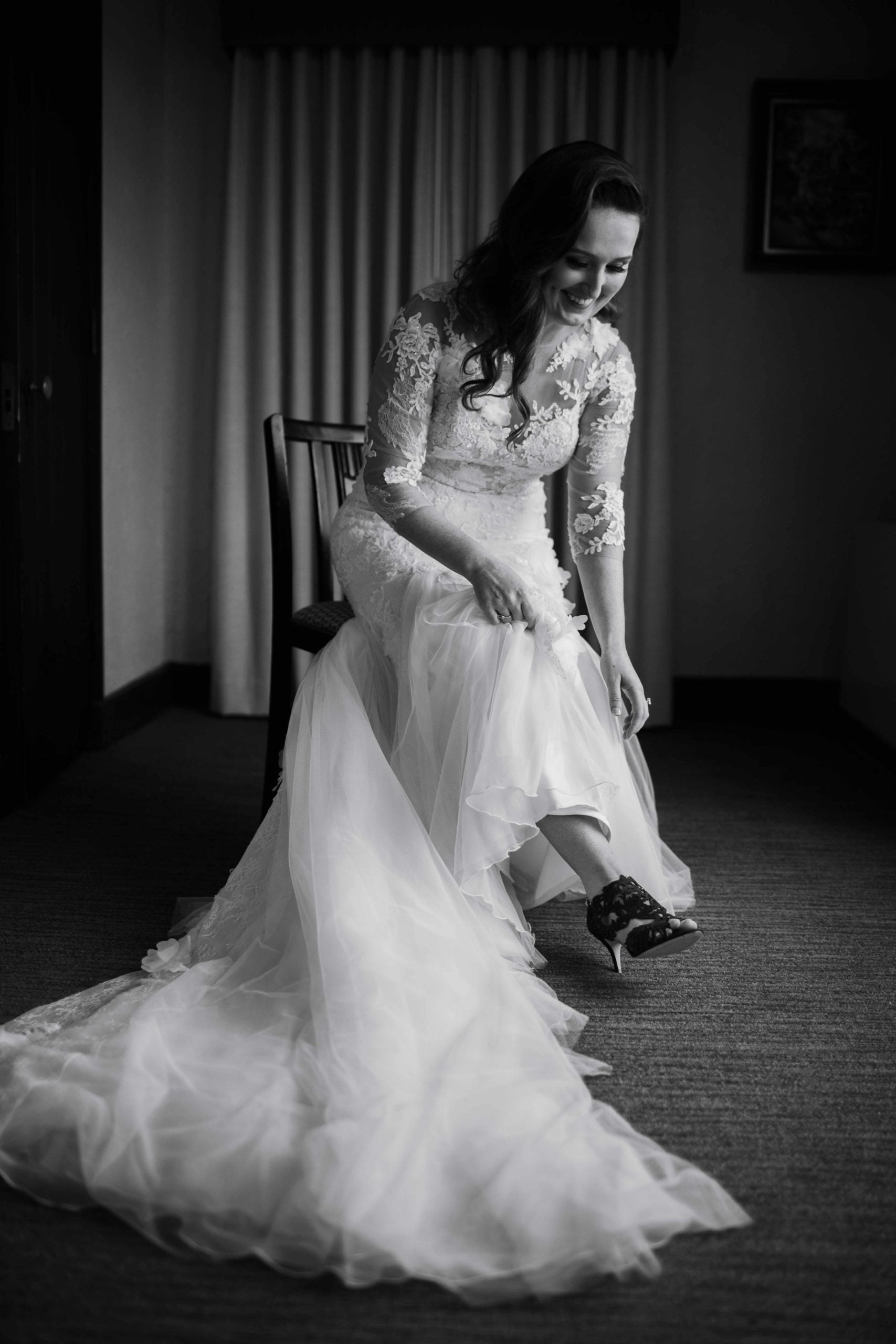Hotel Baker Winter Wedding Photography Saint Charles Illinois Bride Getting Ready Black and White