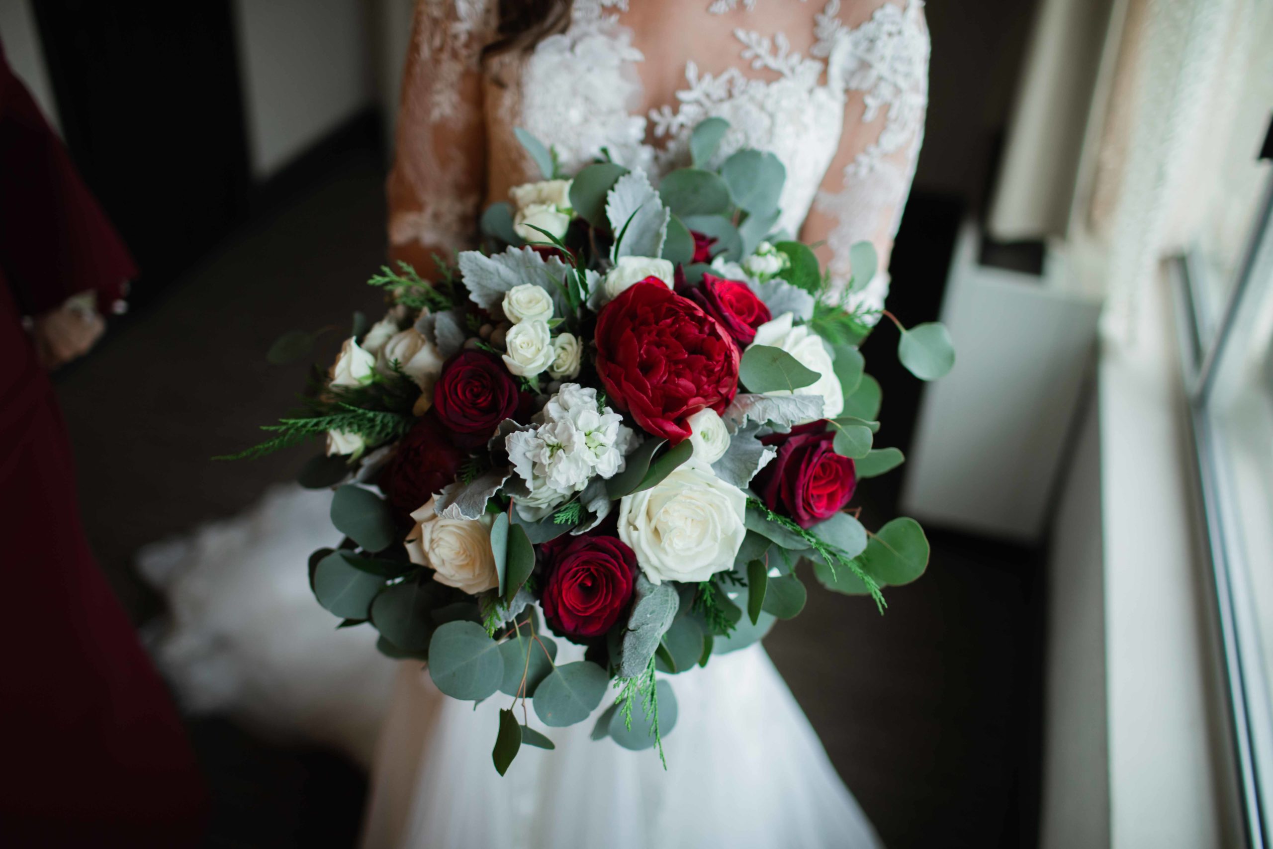 Hotel Baker Winter Wedding Photography Saint Charles Illinois Red and White Floral Bouquet