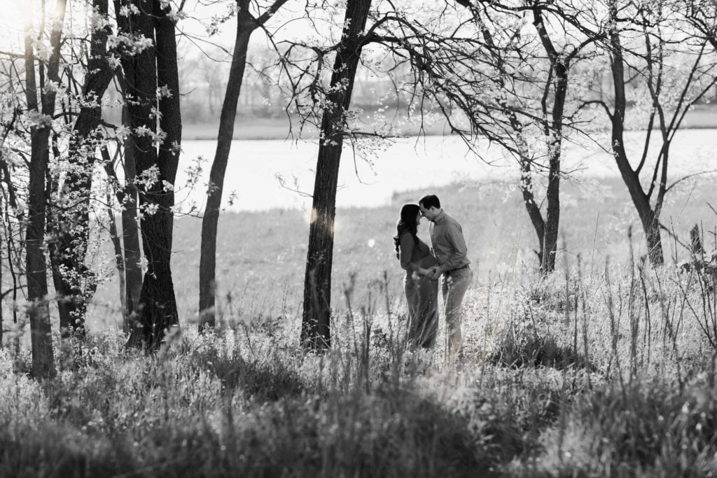 Outdoor Golden Hour Geneva Illinois Maternity Photoshoot Black and White