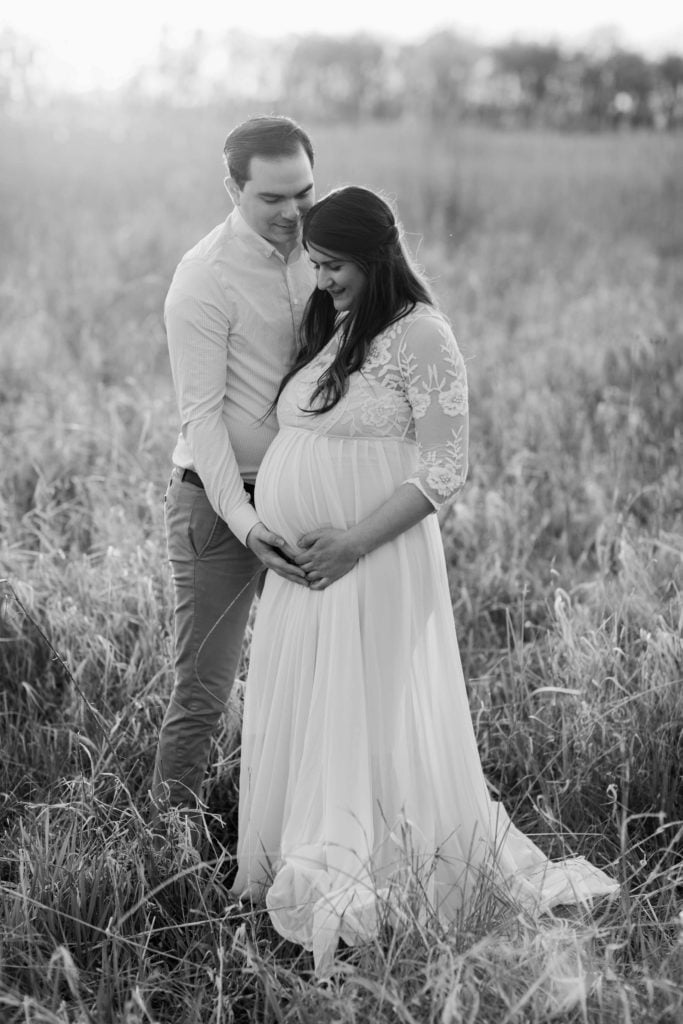 Outdoor Golden Hour Geneva Illinois Maternity Photoshoot Couple in black and white