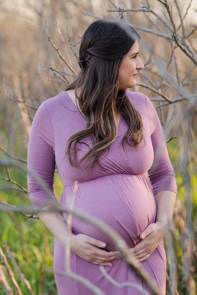Outdoor Golden Hour Geneva Illinois Maternity Photoshoot lilac dress