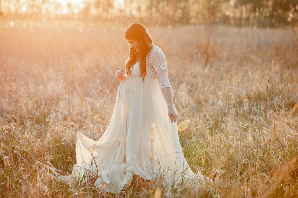 Outdoor Golden Hour Geneva Illinois Maternity Photoshoot white dress