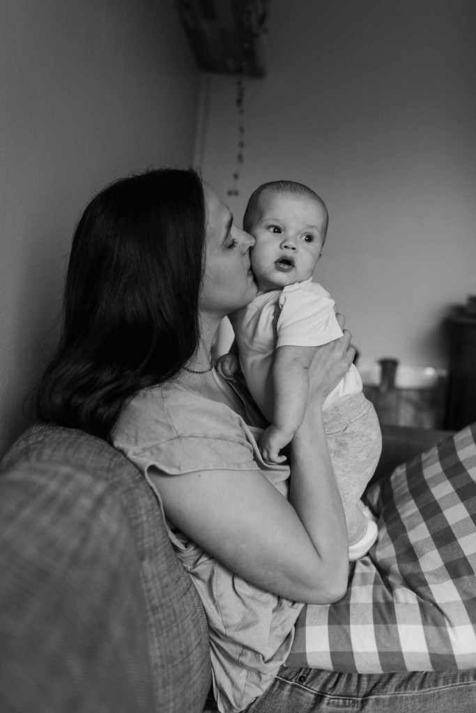 Saint Charles Illinois Family In Home Lifestyle Session Mom and Baby in Black and White