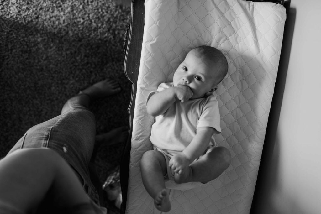 Saint Charles Illinois Family In Home Lifestyle Session with baby boy in black and white