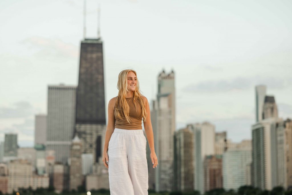 Senior Photoshoot downtown Chicago Skyline at Golden Hour by Chicago Photographer