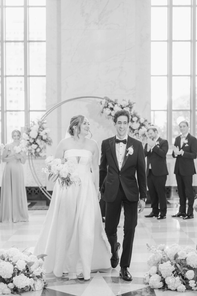 140-Newlyweds Walking Down Aisle Modern Romantic LaSalle Hotel Old Post Office by Chicago Wedding Photographer Mary Rose