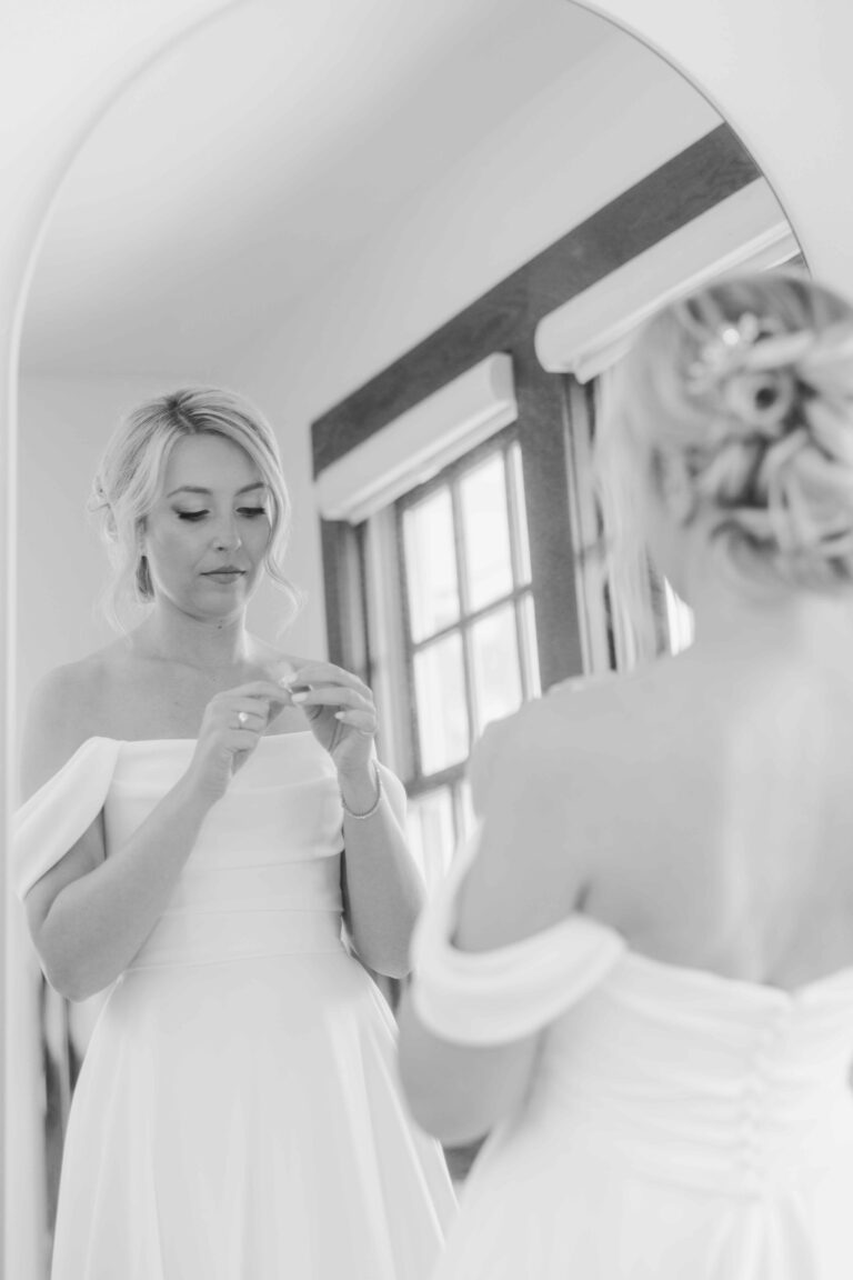 Bride in Mirror Modern Light The Pavillion at Orchard Ridge Farms Summer Fall September Wedding By Mary Rose Photography-25