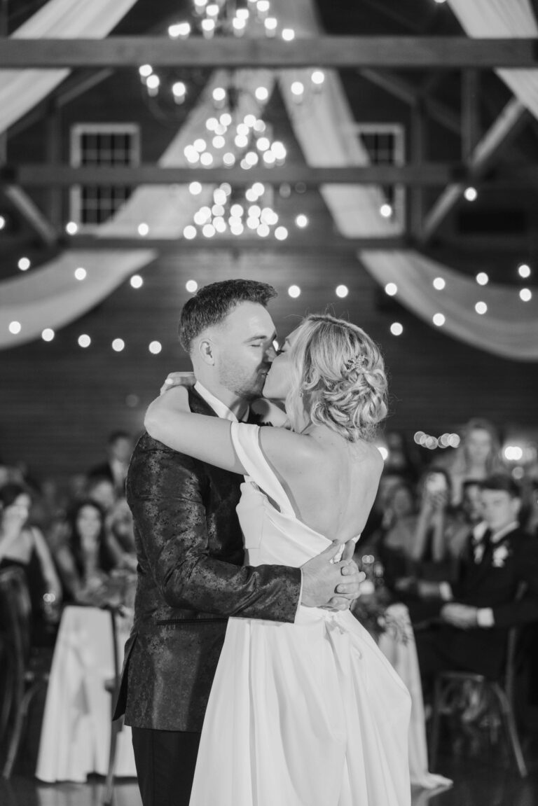 Classic Light Black and White Kiss The Pavillion at Orchard Ridge Farms Summer Fall September Wedding By Mary Rose Photography-166