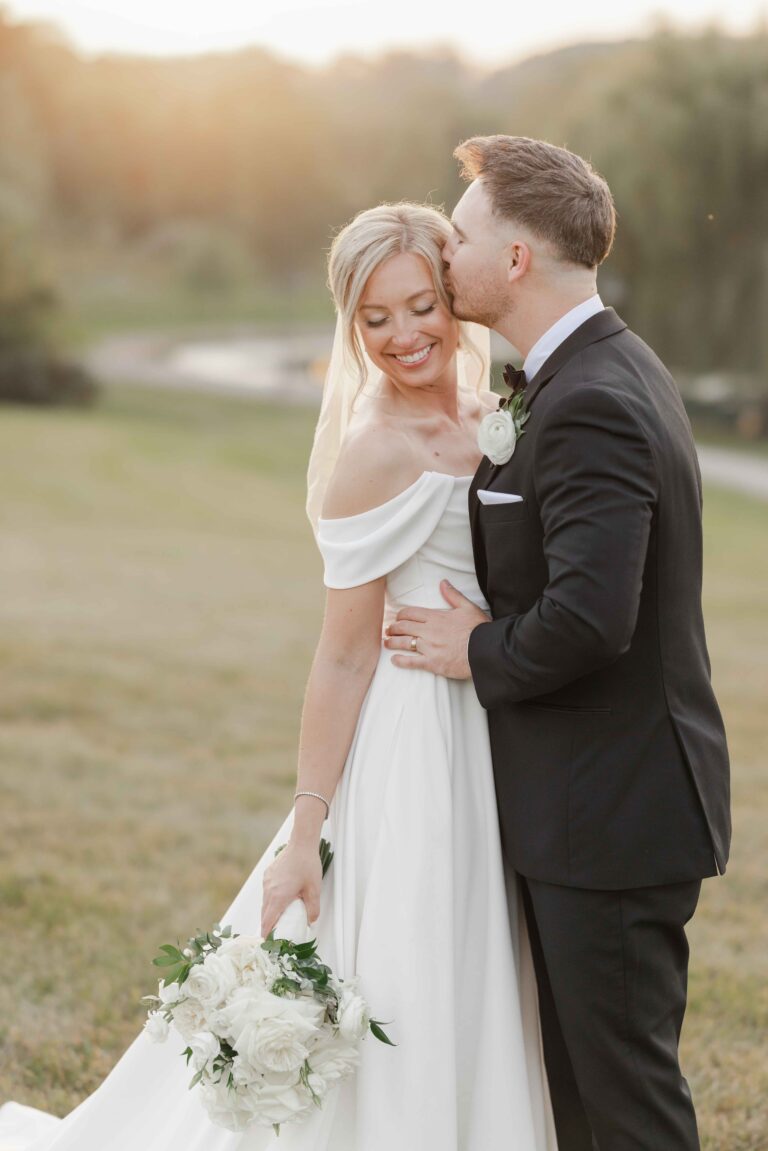 Classic Light Golden Hour Forehead Kiss The Pavillion at Orchard Ridge Farms Summer Fall September Wedding By Mary Rose Photography-128