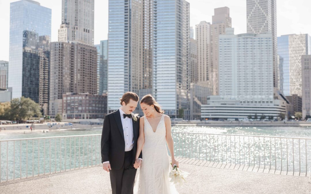 Chicago Skyline Montrose Beach Northwestern Wedding Photography at Chicago Winery