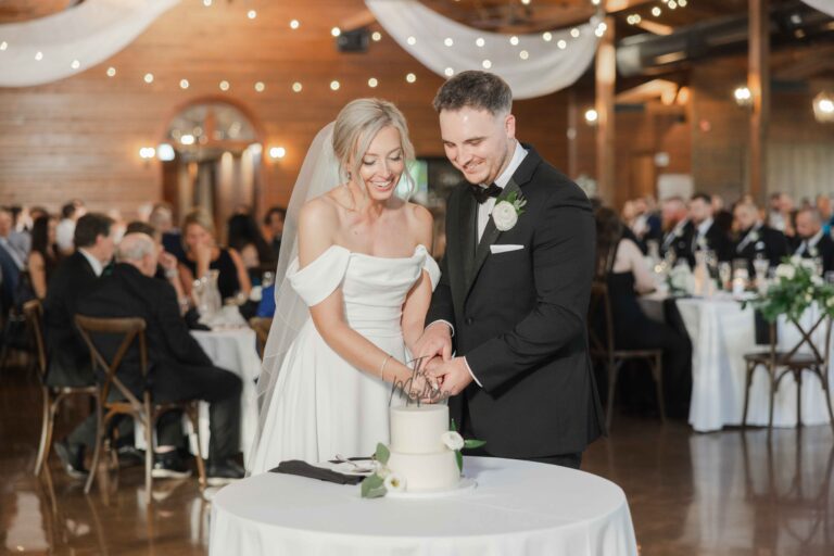 Cutting Cake Soft Bright The Pavillion at Orchard Ridge Farms Summer Fall September Wedding By Mary Rose Photography-79