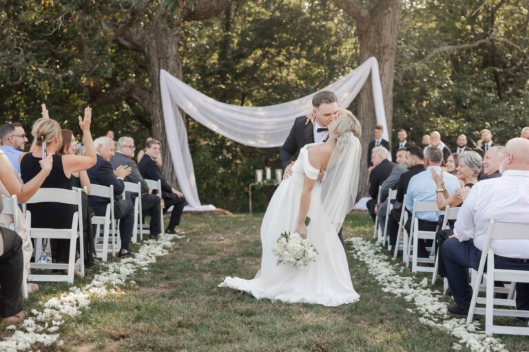 Dip Kiss Down Aisle Modern Light The Pavillion at Orchard Ridge Farms Summer Fall September Wedding By Mary Rose Photography-45