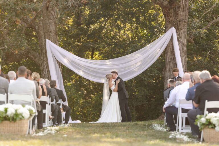 First Kiss Modern Light The Pavillion at Orchard Ridge Farms Summer Fall September Wedding By Mary Rose Photography-44