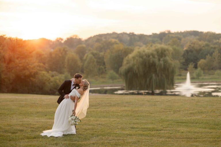 Golden Hour Dip Kiss Classic Light The Pavillion at Orchard Ridge Farms Summer Fall September Wedding By Mary Rose Photography-142