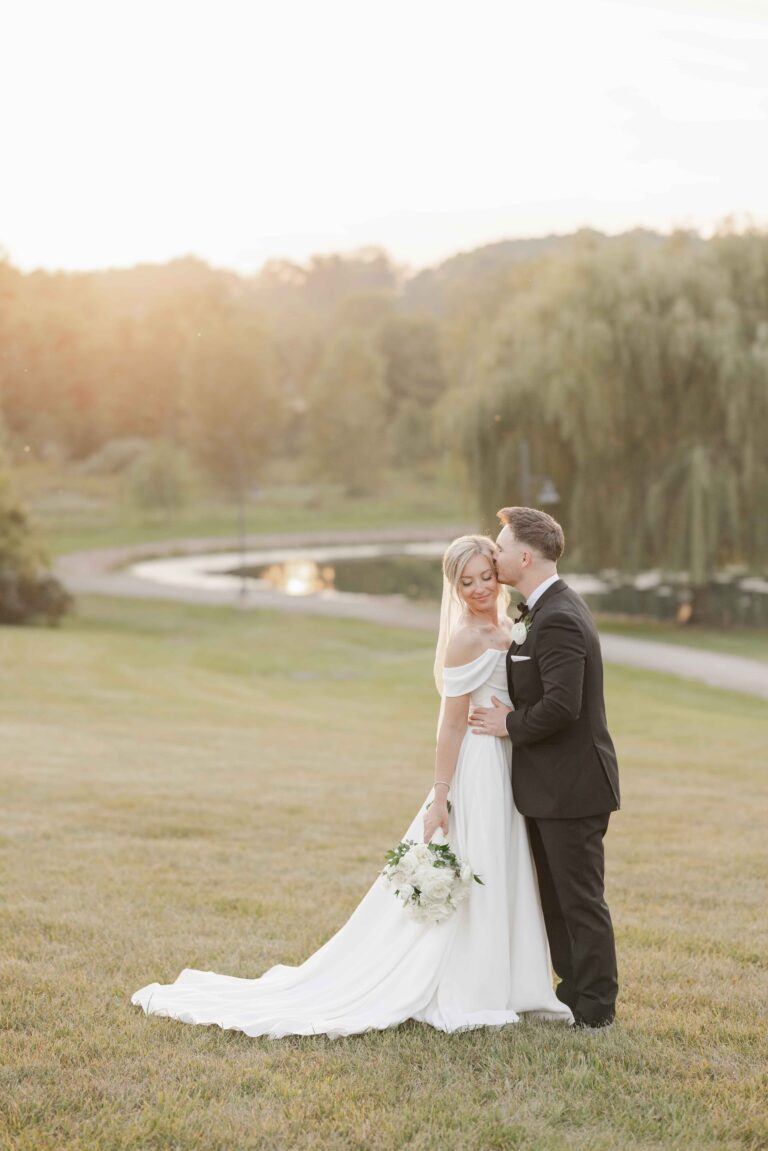 Golden Hour Kiss Classic Light The Pavillion at Orchard Ridge Farms Summer Fall September Wedding By Mary Rose Photography-127
