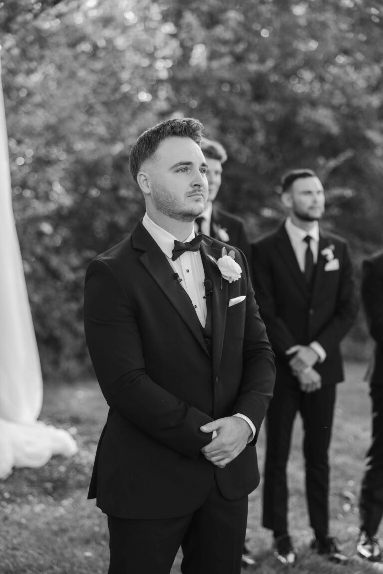 Groom Waiting For Bride Modern Light The Pavillion at Orchard Ridge Farms Summer Fall September Wedding By Mary Rose Photography-38