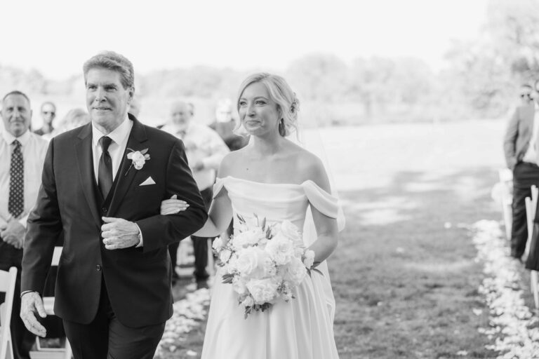 Modern Light Bride Escorted with Father The Pavillion at Orchard Ridge Farms Summer Fall September Wedding By Mary Rose Photography-39