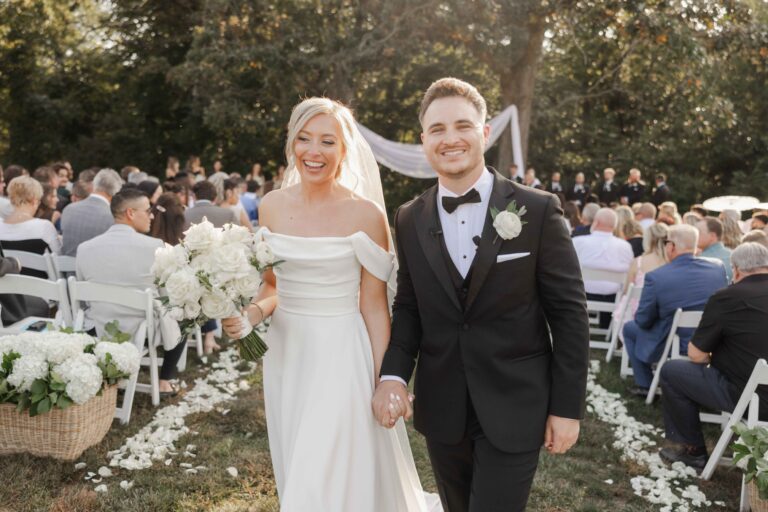 Modern Light Newlyweds Walking Down Aisle The Pavillion at Orchard Ridge Farms Summer Fall September Wedding By Mary Rose Photography-46