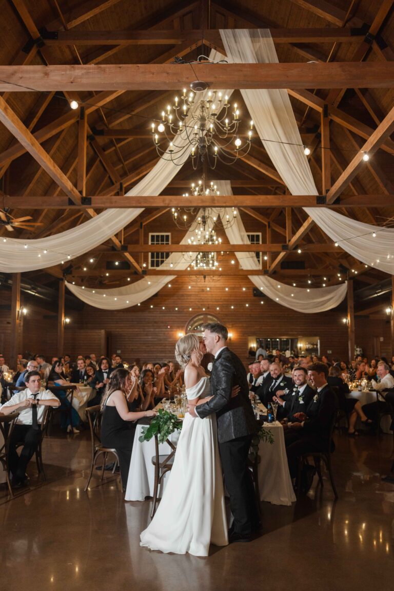 Reception Kiss Classic Light The Pavillion at Orchard Ridge Farms Summer Fall September Wedding By Mary Rose Photography-156