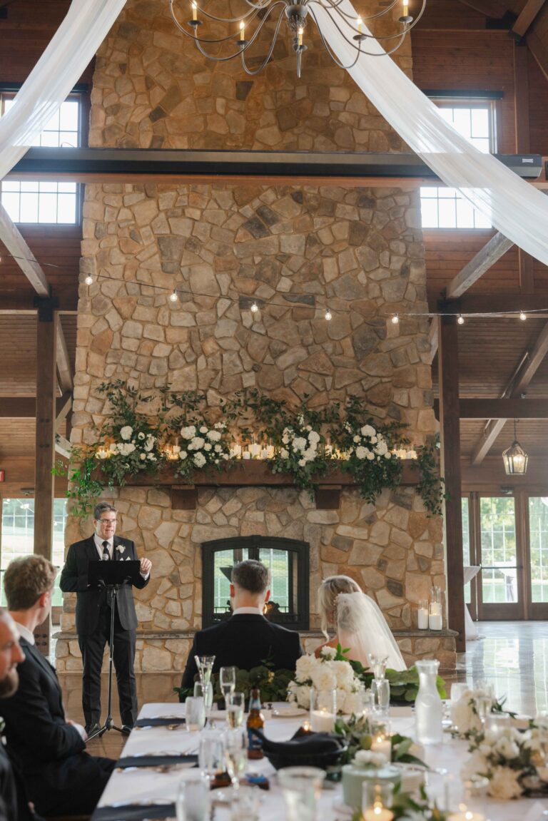 Soft Bright Father Speech The Pavillion at Orchard Ridge Farms Summer Fall September Wedding By Mary Rose Photography-87