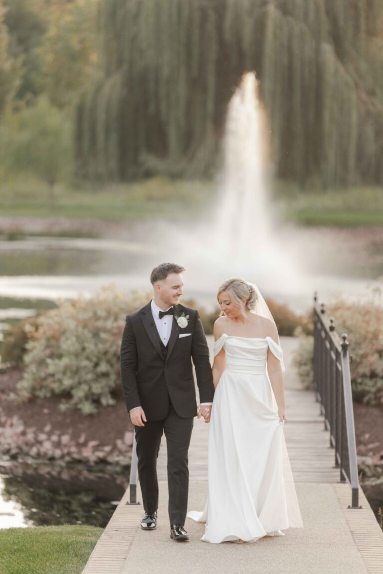 Walking Over Bridge Classic Light The Pavillion at Orchard Ridge Farms Summer Fall September Wedding By Mary Rose Photography-115