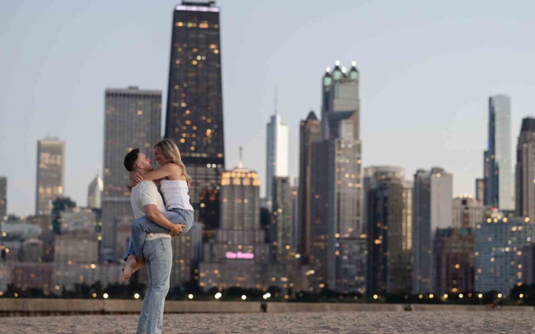 Chicago Skyline Engagement Session Summer Wrigley Building Michigan Avenue Engagements