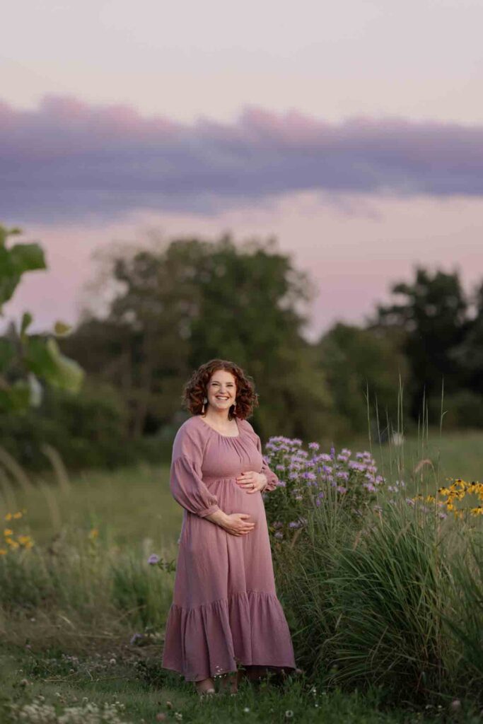 57-Saint Charles Illinois Summer Fall Outdoor Flowers and Field Maternity Session Golden Hour and Sunset