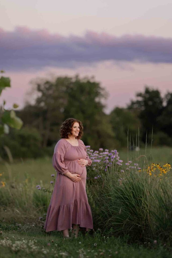 58-Saint Charles Illinois Summer Fall Outdoor Flowers and Field Maternity Session Golden Hour and Sunset